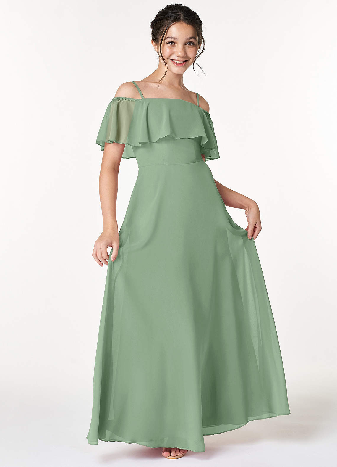 Azazie Maggie Junior Matcha A-Line Off the Shoulder Chiffon Dress image1