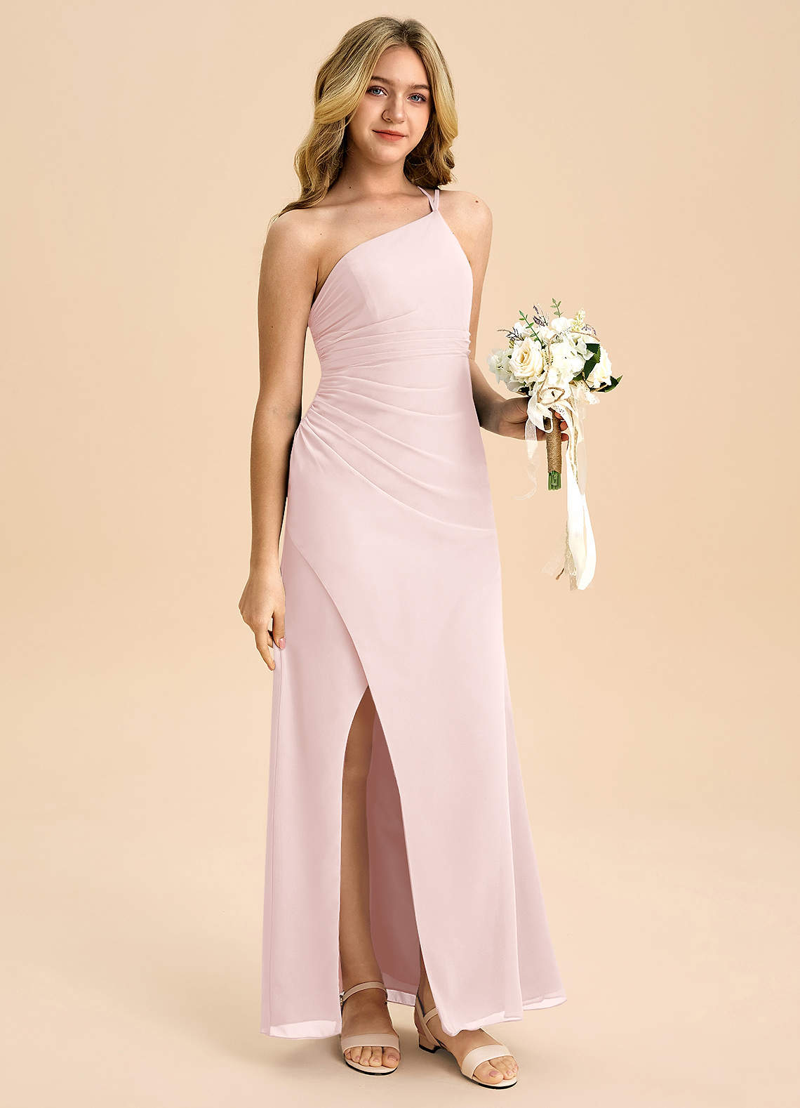 Azazie Eren Junior Vestido Rosa Corado de Chiffon de Linha A com Plissado image2