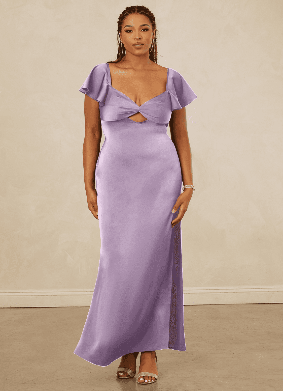 Christian Siriano Bridal for Azazie 1005 At-home Try On Dresses Flutter Sleeve Stretch Satin Sheath Dress image11
