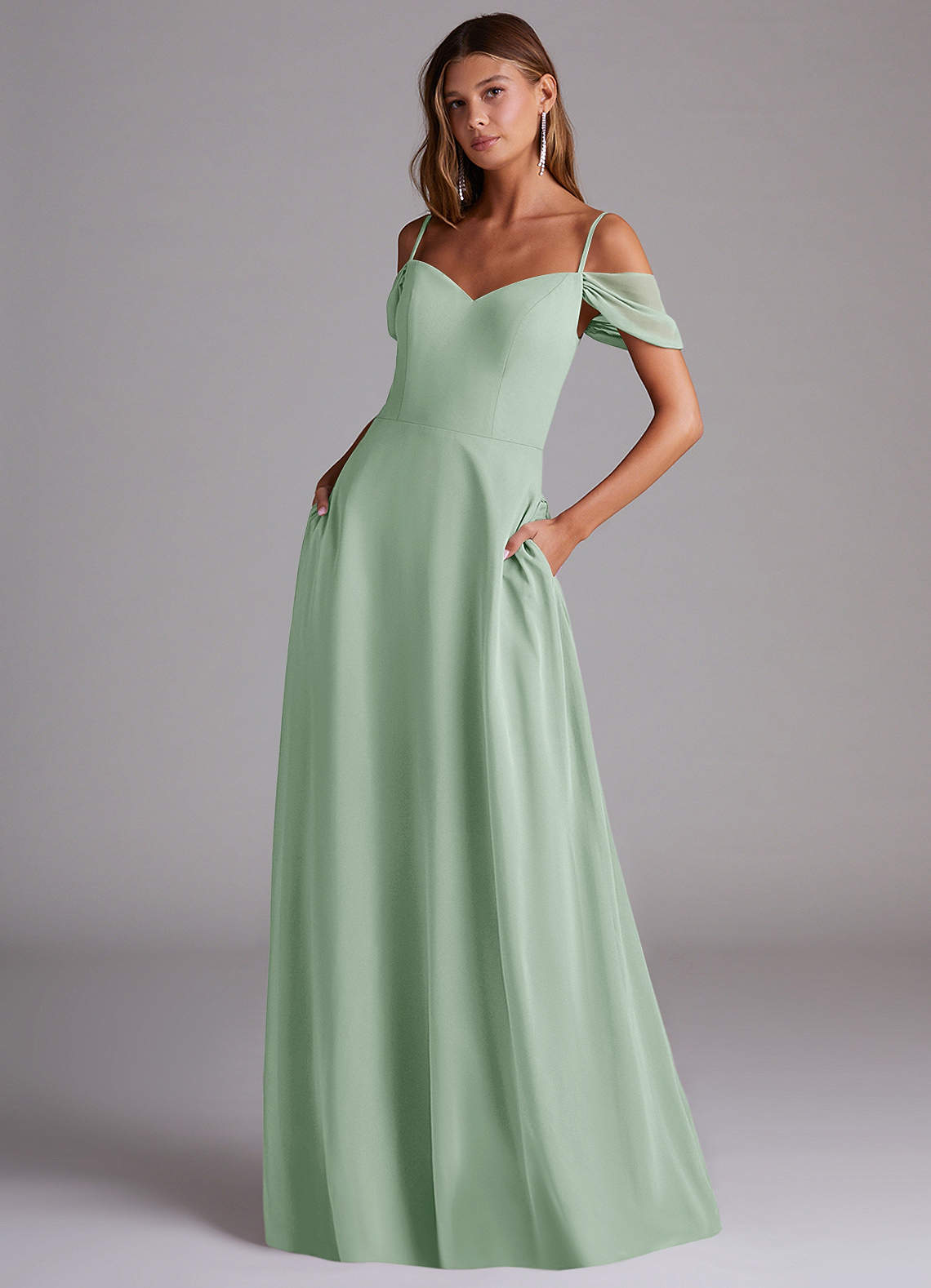 Azazie Marley Bridesmaid Dresses Agave A-Line Off the Shoulder Chiffon Convertible Dress image1