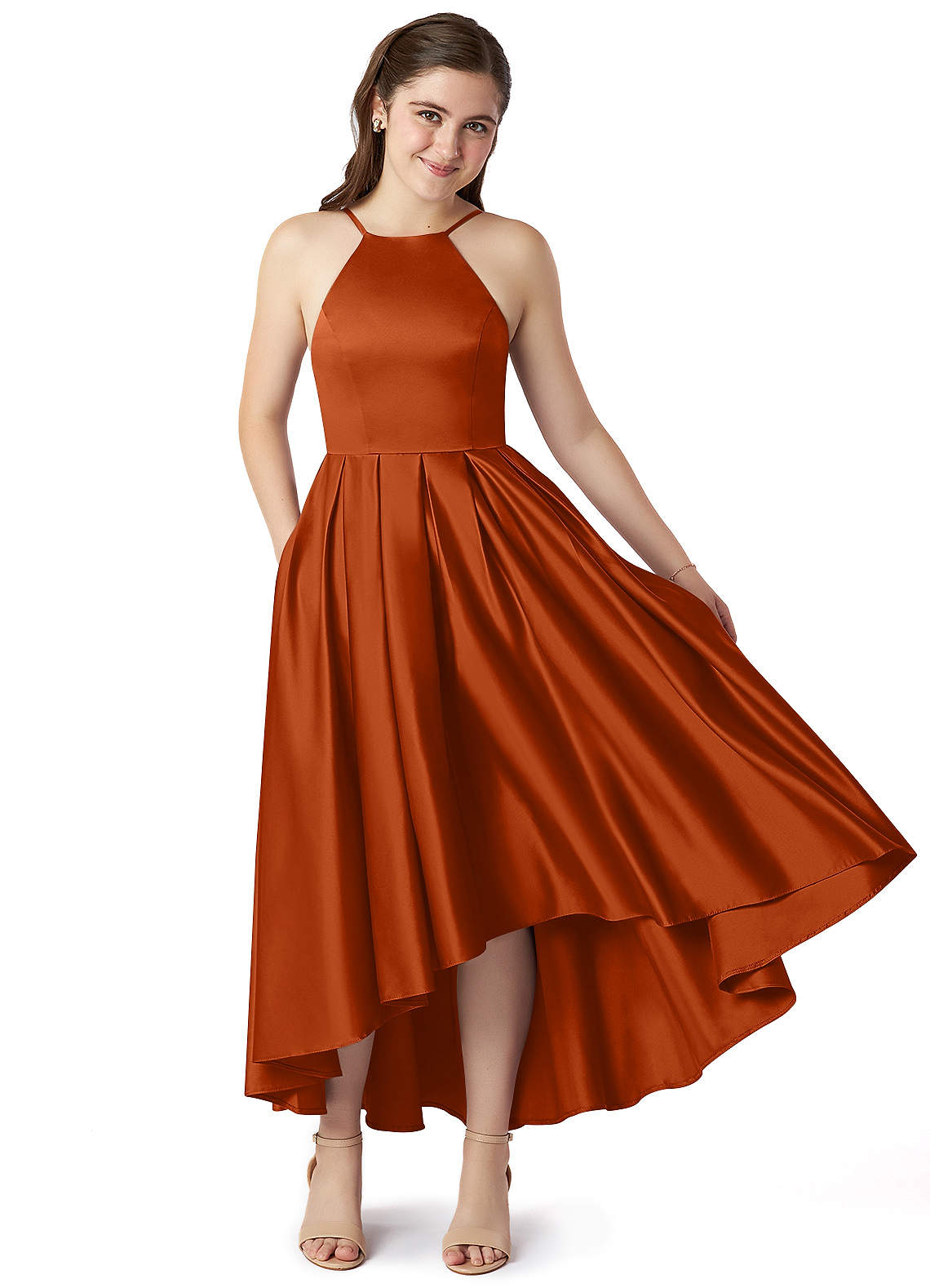 Azazie Jemima Junior Vestido de Naranja Quemada de Satén Elástico de Corte En A con Con bolsillos image1