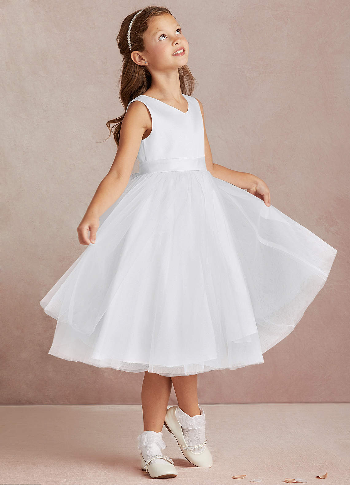 Azazie Marlee Flower Girl Dresses White A-Line Pleated Matte Satin Dress image1