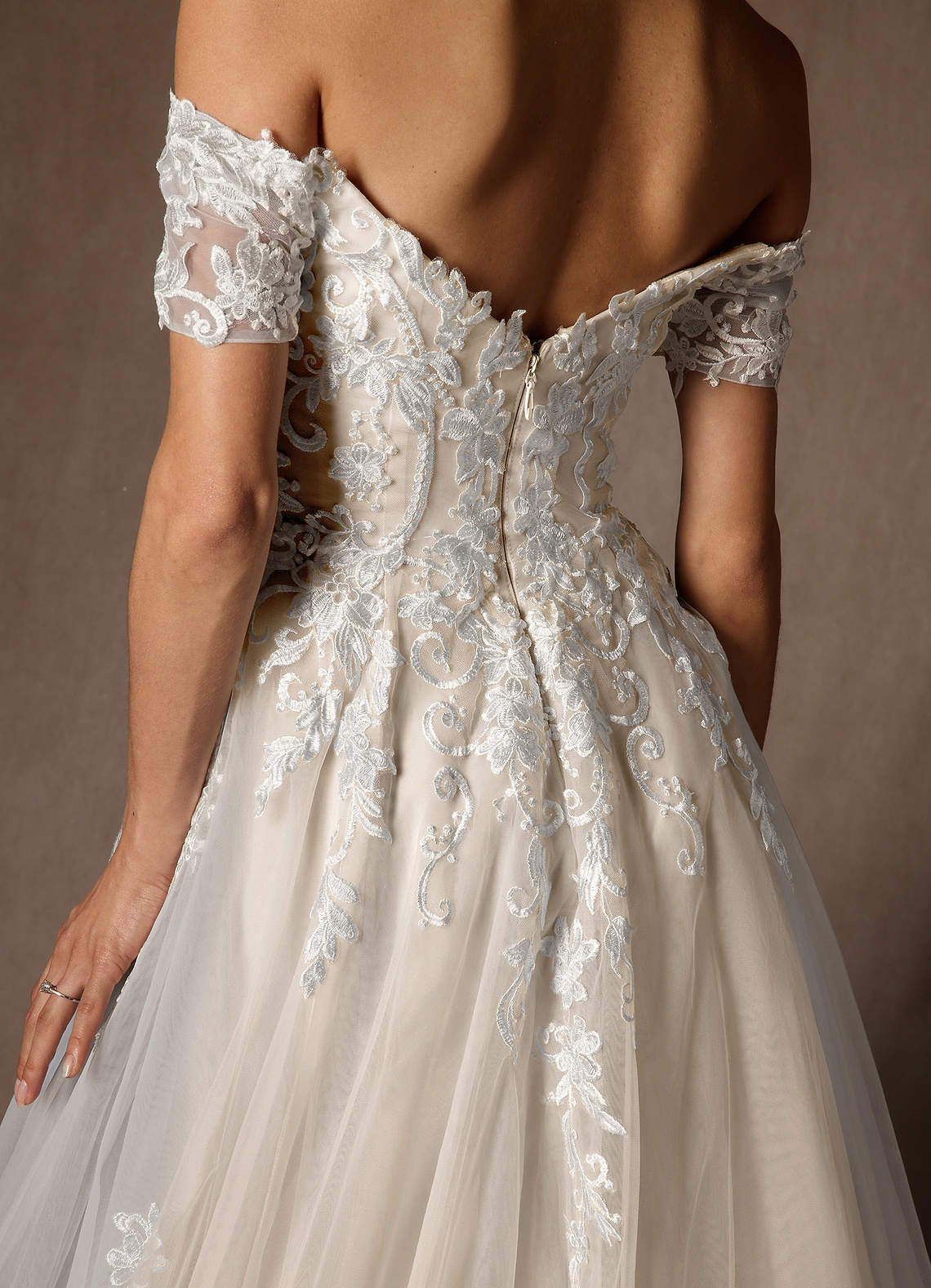 Azazie Rowe Wedding Dresses Diamond White Nude Ball-Gown Off the Shoulder Tulle Dress image13