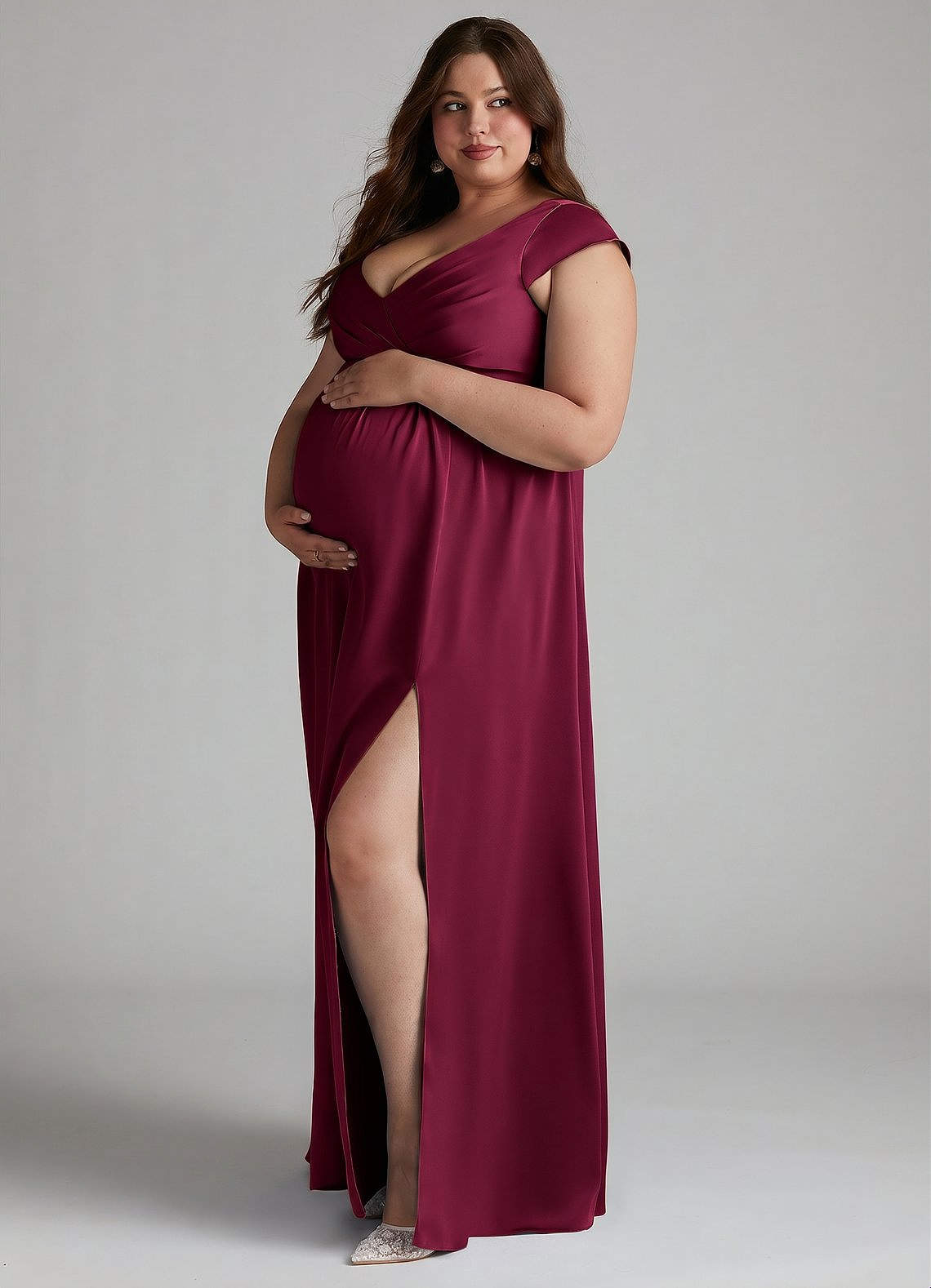 Azazie Allessia Maternity Bridesmaid Dresses A-Line Pleated Stretch Satin Floor-Length Dress image1