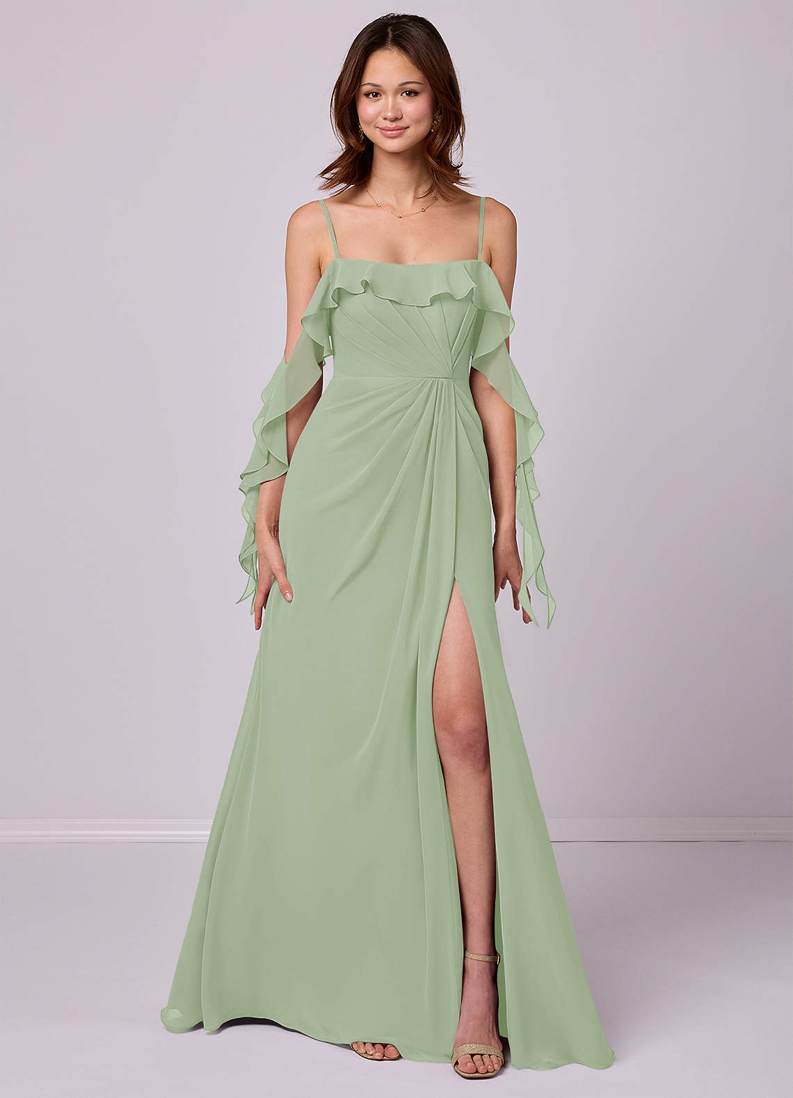 Barbie ♥ Azazie Bridesmaid Dresses Dusty Sage A-Line Off the Shoulder Chiffon Convertible Dress image6