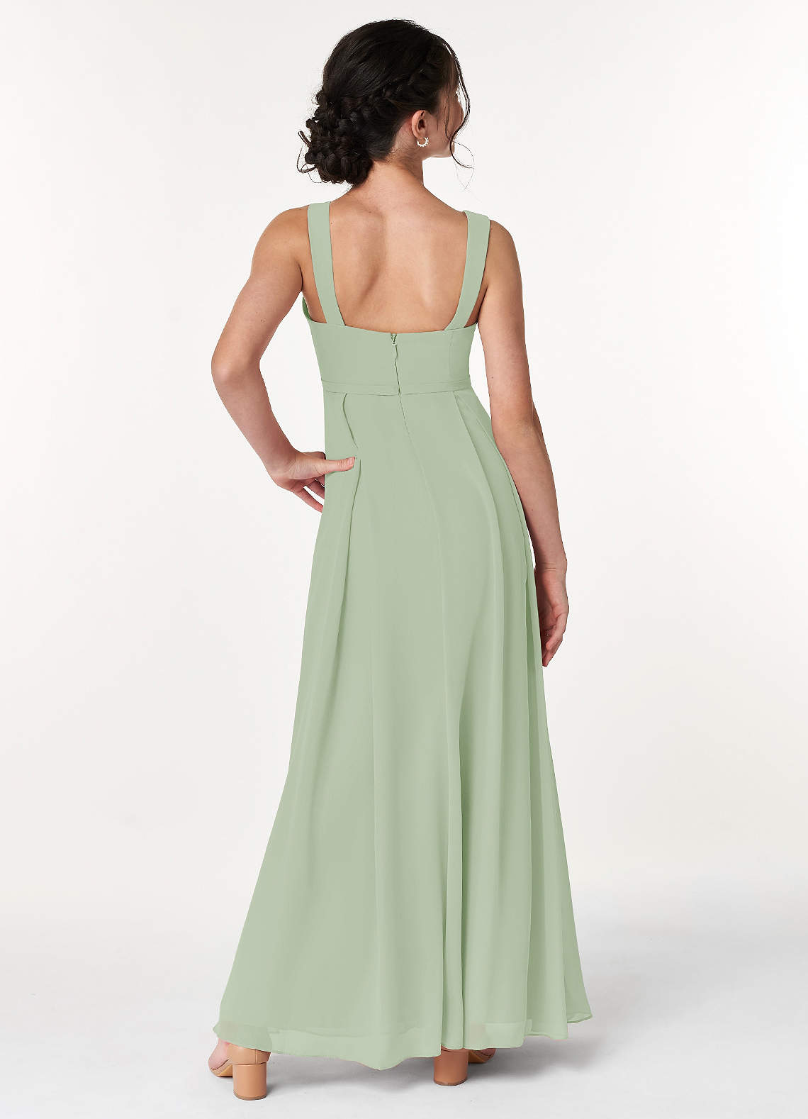 Azazie Simoan Junior Abito A-Line in Chiffon Scollo a Cuore Verde Salvia image1