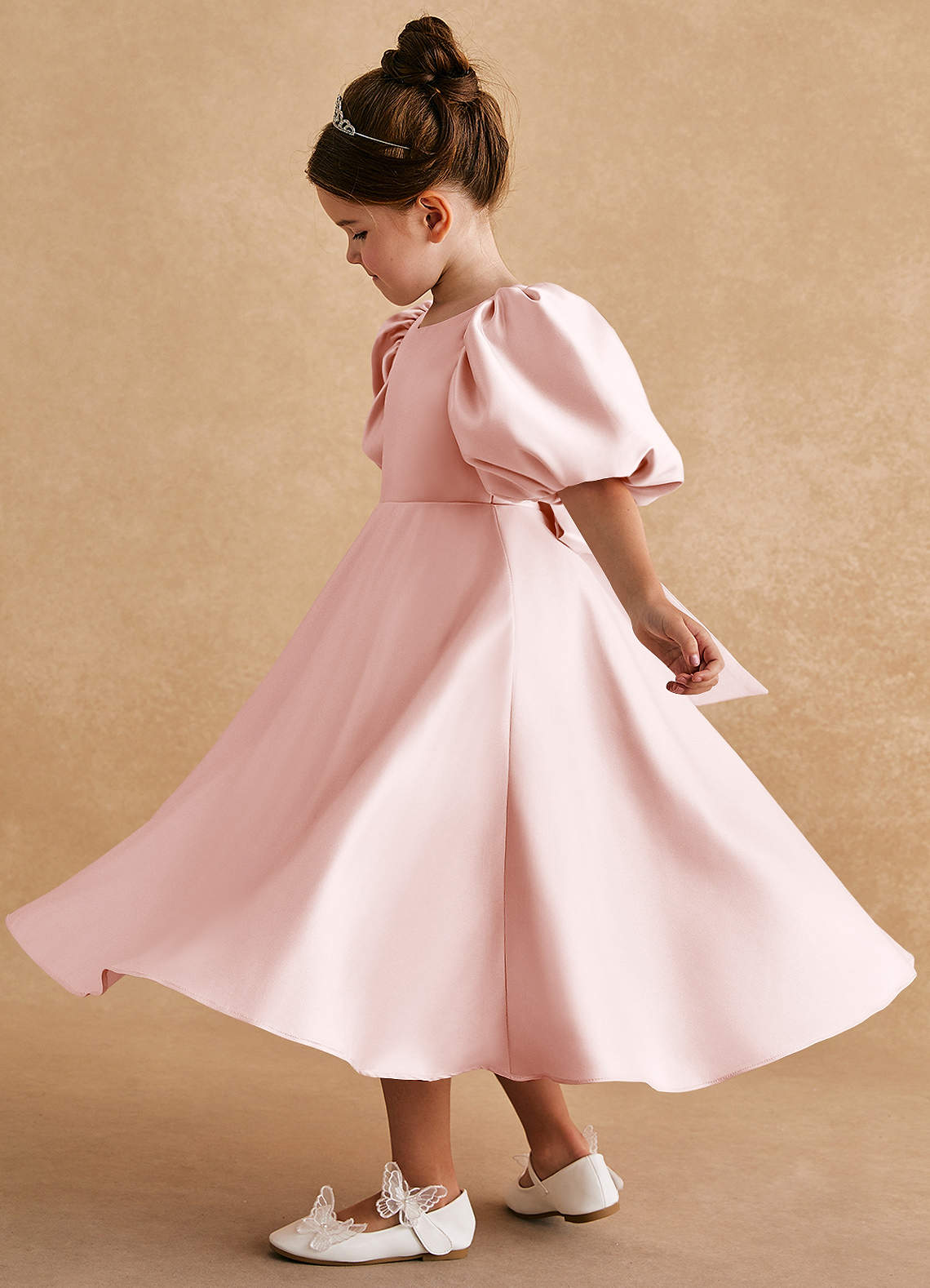 Azazie Sugarplum Flower Girl Dresses Blushing Pink A-Line with Sleeves Matte Satin Dress image1