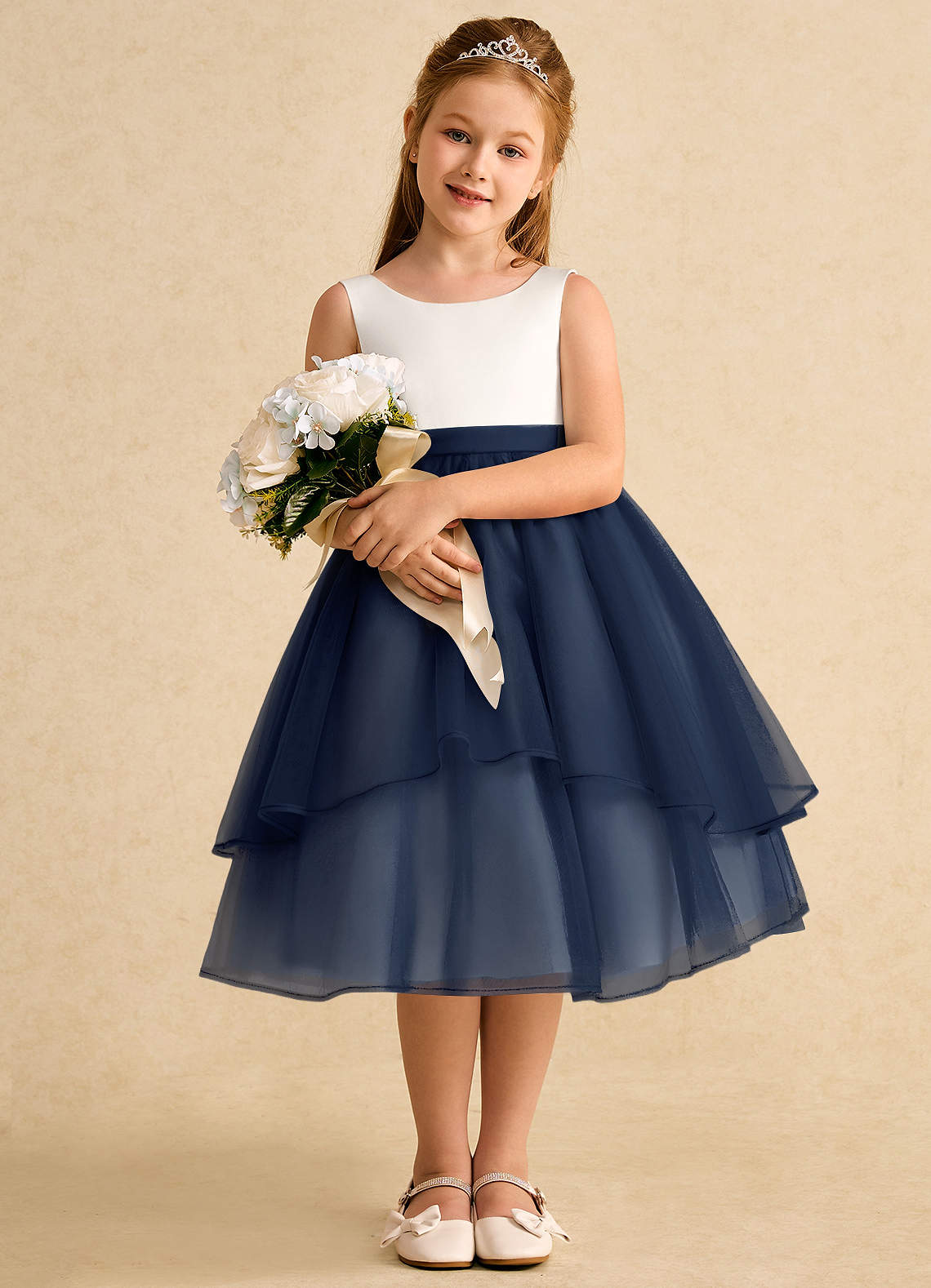 Azazie Rene Ivory Dark Navy A-Line Bow Tulle Dress | Azazie