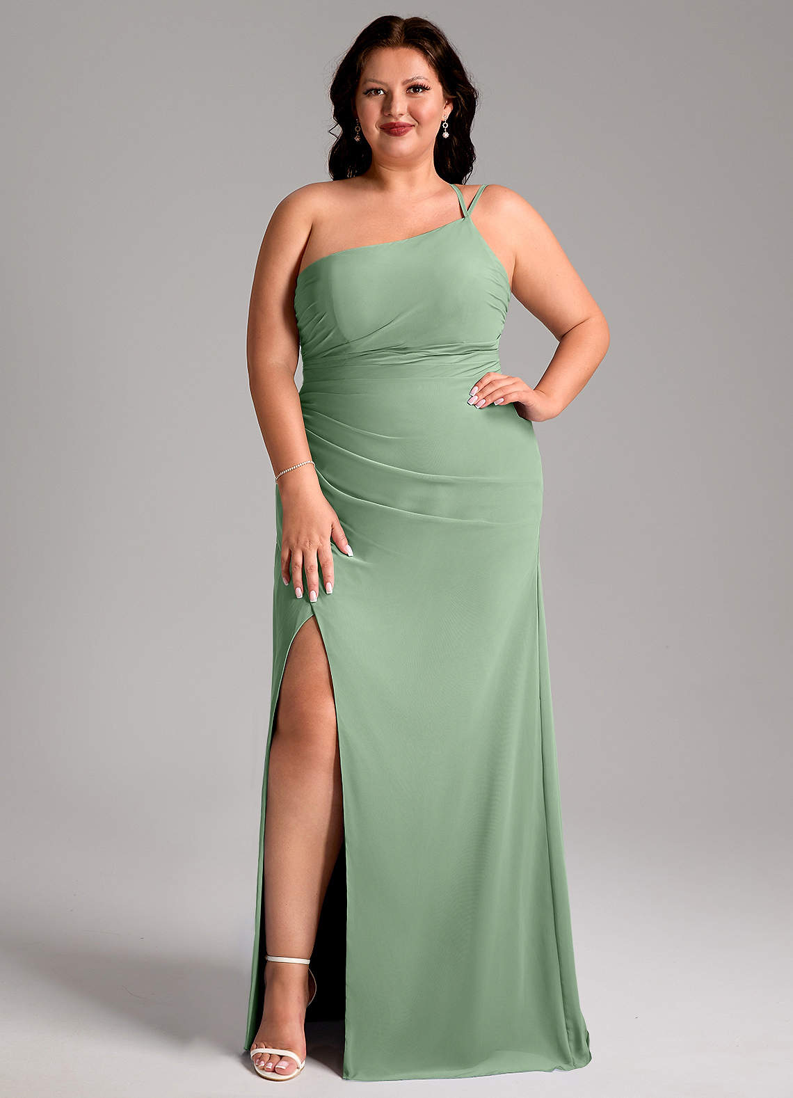 Azazie Eren Jurken voor bruidsmeisjes Jurk van Chiffon met Kolom One-Shoulder Matcha image1