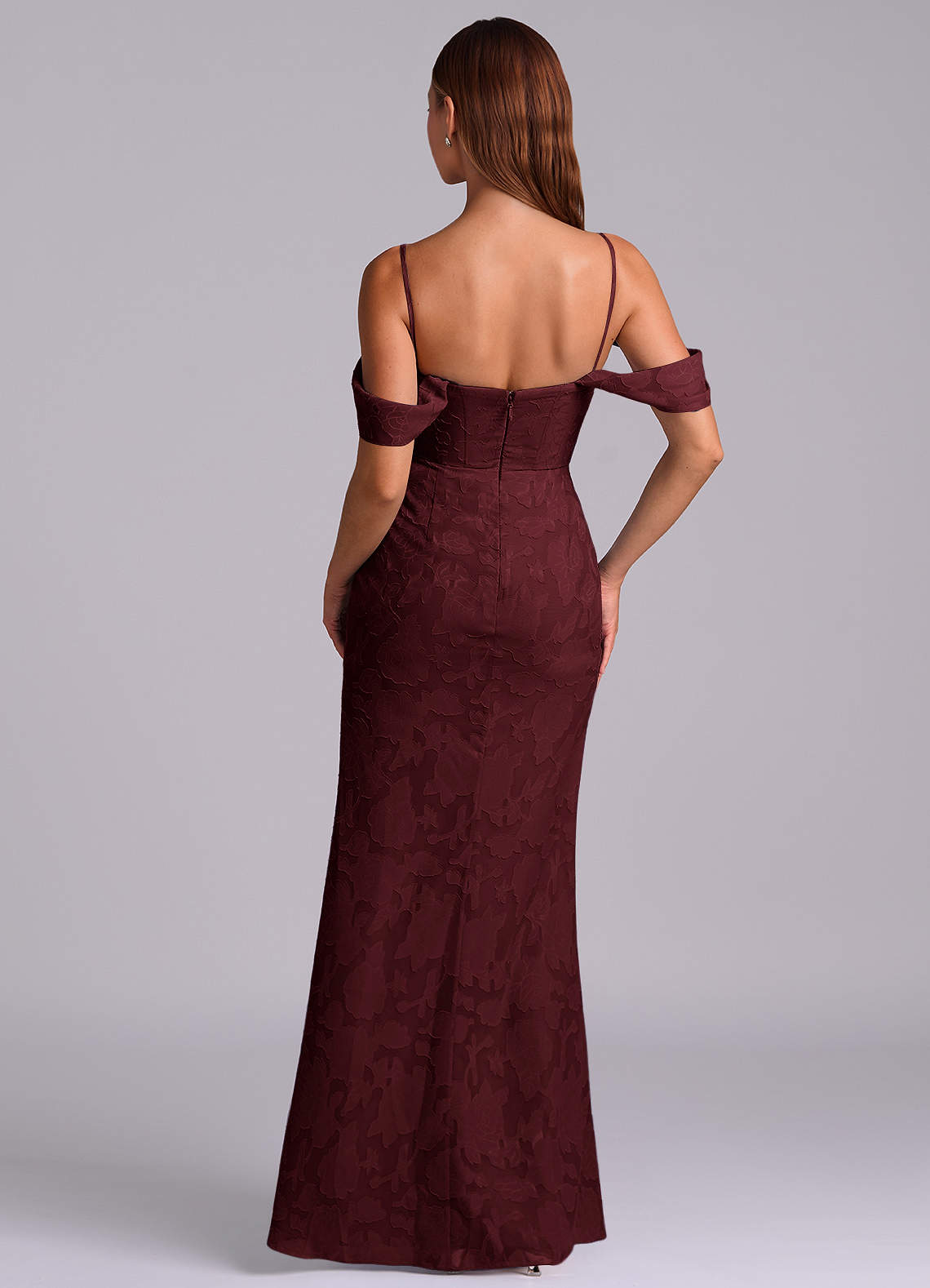 Azazie Johana Bridesmaid Dresses Cabernet Mermaid Off the Shoulder Floral Burnout Convertible Dress image6