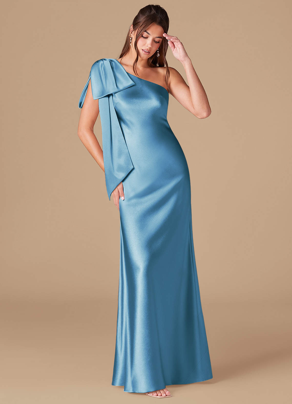 Azazie Capri Bridesmaid Dresses Steel Blue Sheath One Shoulder Metallic Satin Dress image1