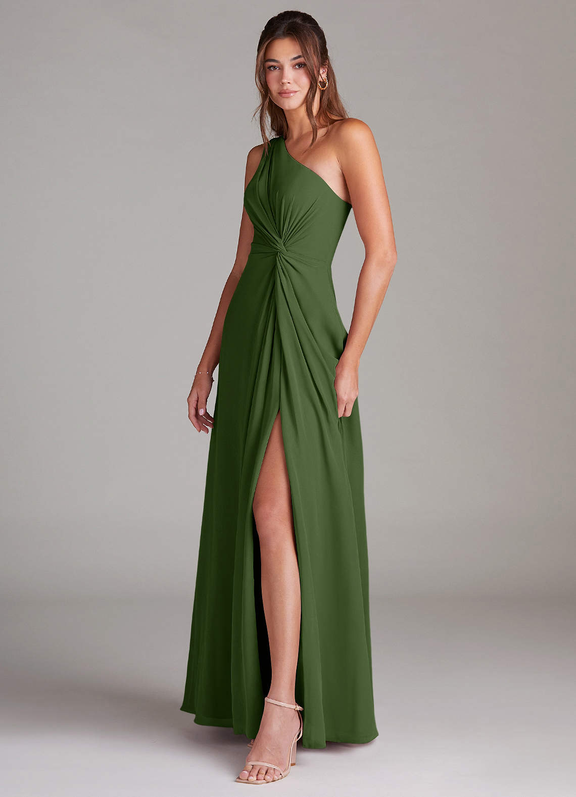 Azazie Brooke Bridesmaid Dresses Olive A-Line One Shoulder Chiffon Dress image4