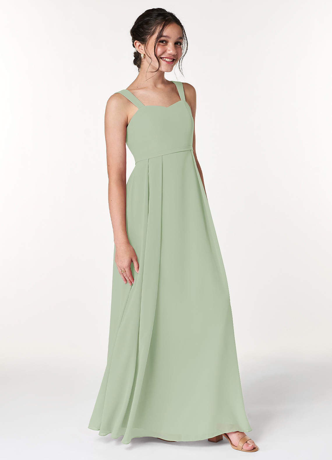 Azazie Simoan Junior Abito A-Line in Chiffon Scollo a Cuore Verde Salvia image2
