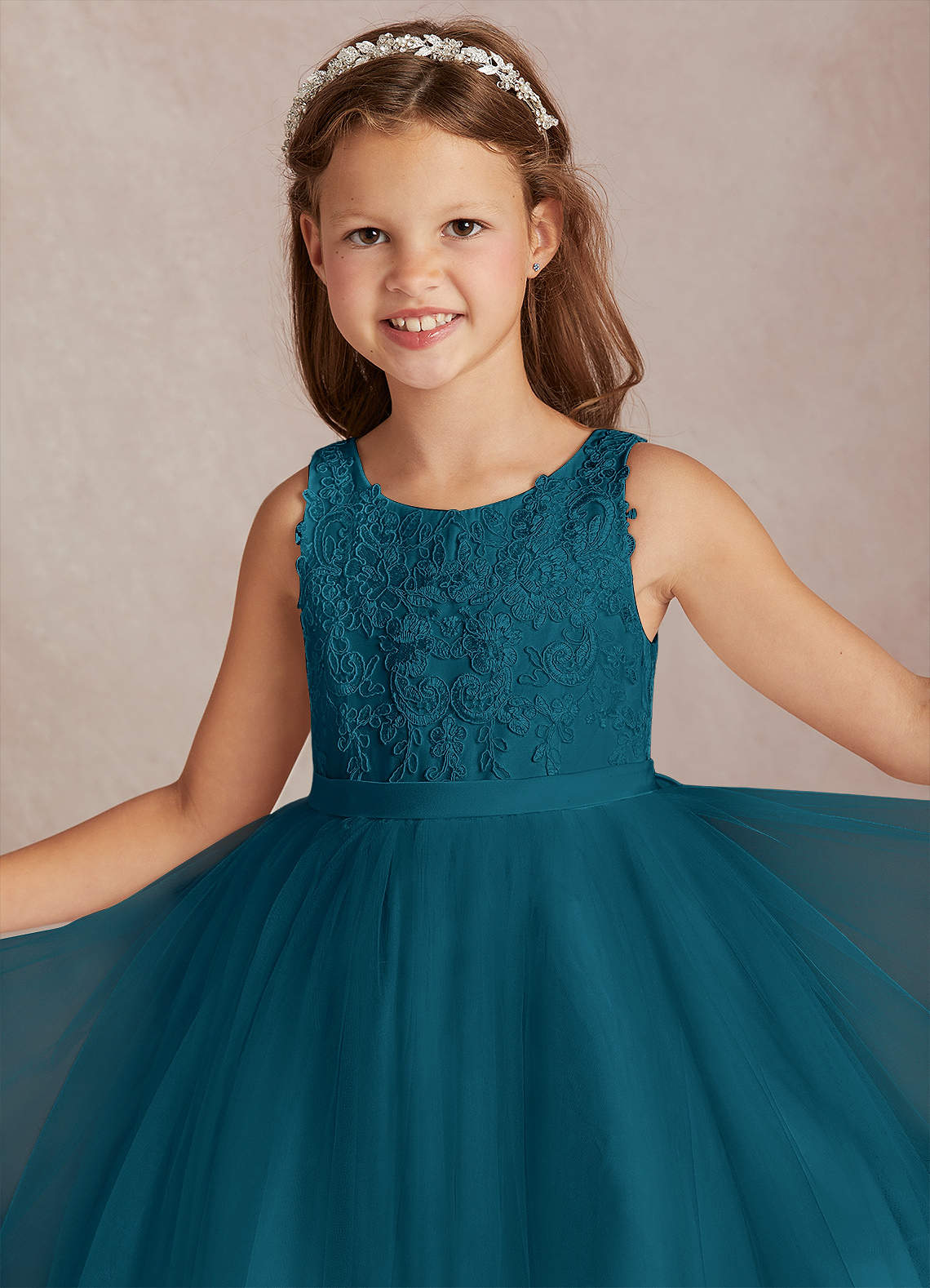 Azazie Calla Flower Girl Dresses Ink Blue Ball-Gown Lace Tulle Dress image1
