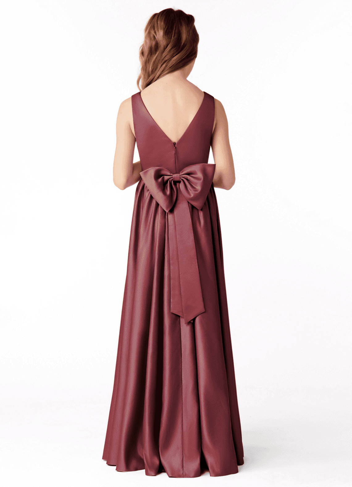 Azazie Hathaway Junior Merlot A-Line Bow Stretch Satin Dress image1