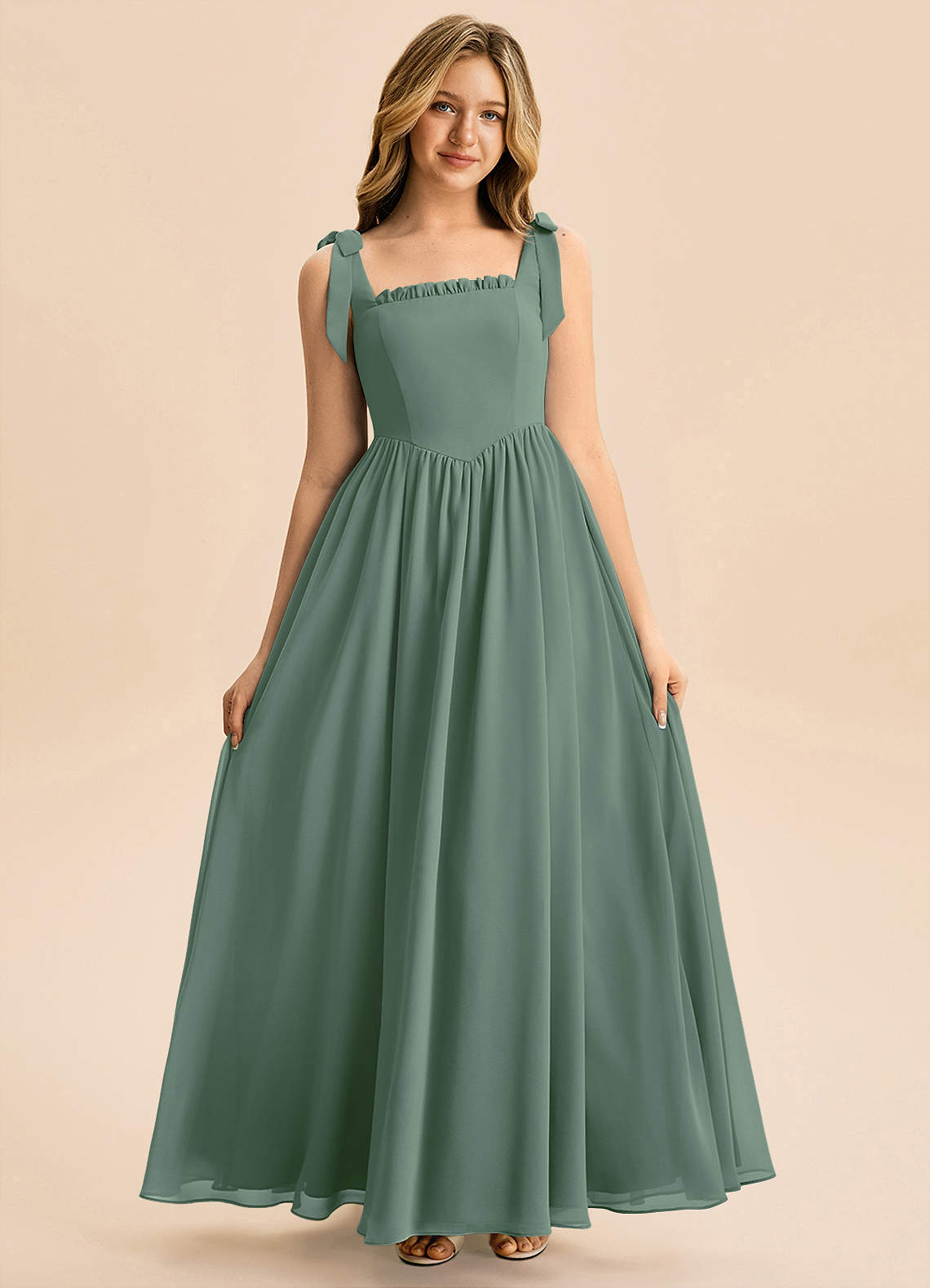 Azazie Delia Junior Abito A-Line in Chiffon Fiocco Eucalipto image2