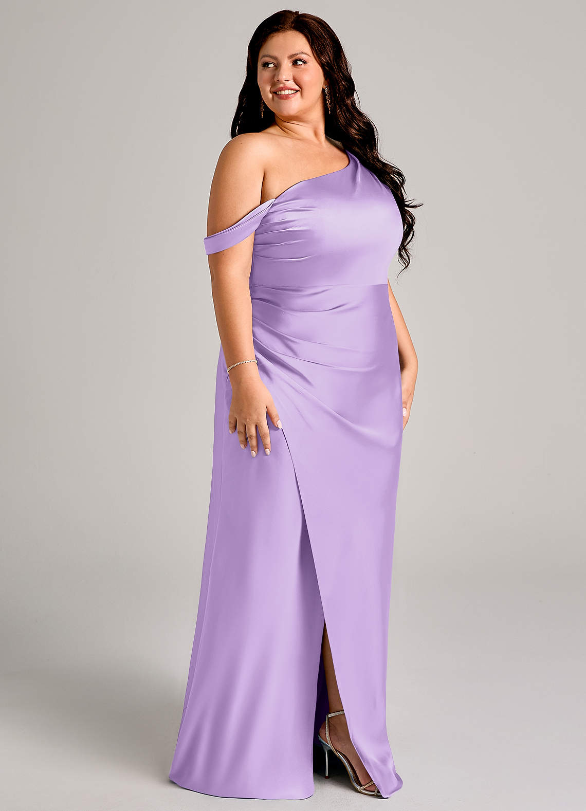 Azazie Madelyn Bridesmaid Dresses Lilac Mermaid One Shoulder Stretch Satin Convertible Dress image11