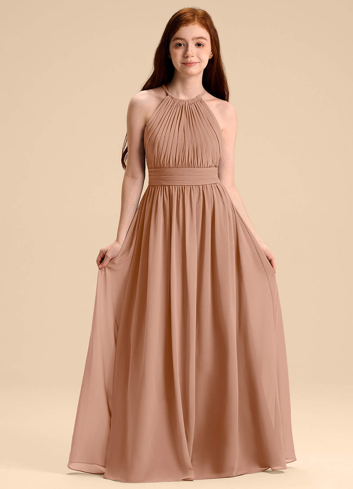 Azazie Malone Junior Robe Trapèze en Mousseline de soie Plissée Champagne Rosé image1
