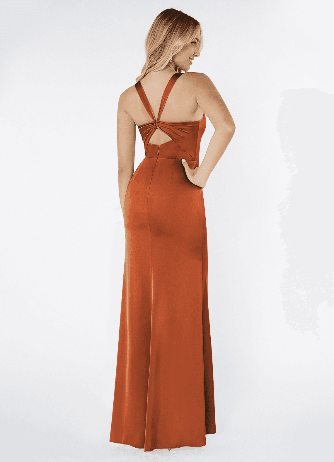 Azazie Mero Bridesmaid Dresses Cinnamon Sheath Pleated Stretch Satin Dress image2