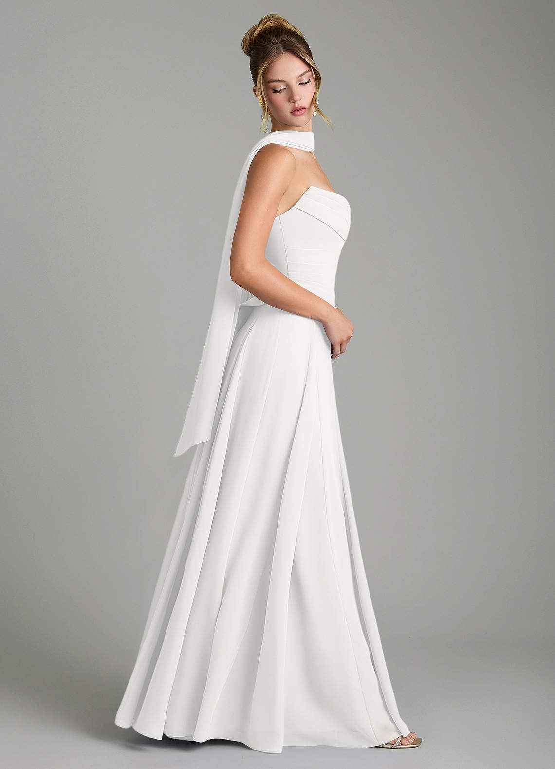 white chiffon bridesmaid dress Azazie Gabriela Lace Color:White Floral-2 SCHL003023_B_M Women's Cream Bardot Trim