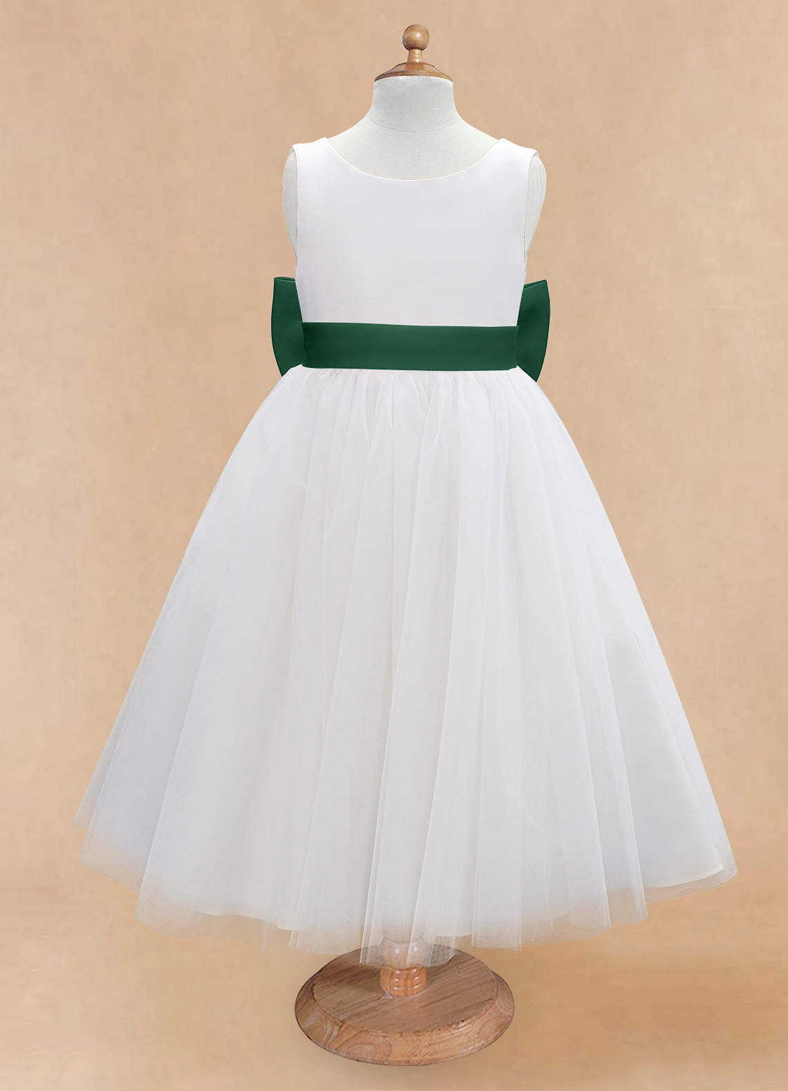 Azazie Kavi Flower Girl Dresses Ivory Dark Green A-Line Bow Matte Satin Dress image6