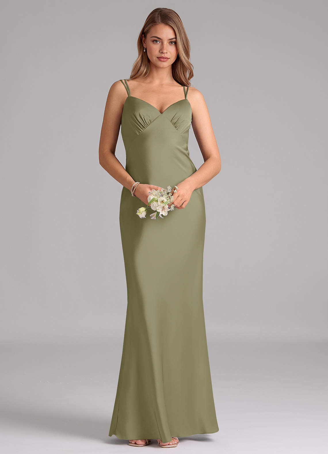Azazie Suttona Vestidos de damas de honor Vestido de Pistacho de Satén Elástico de Corte en A con Plisado image5