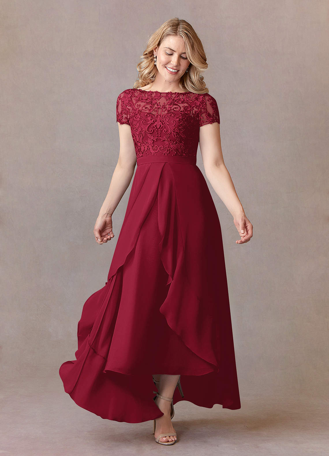 Azazie Mamie Burgundy A-Line Lace Chiffon Dress Ready to Ship | Azazie