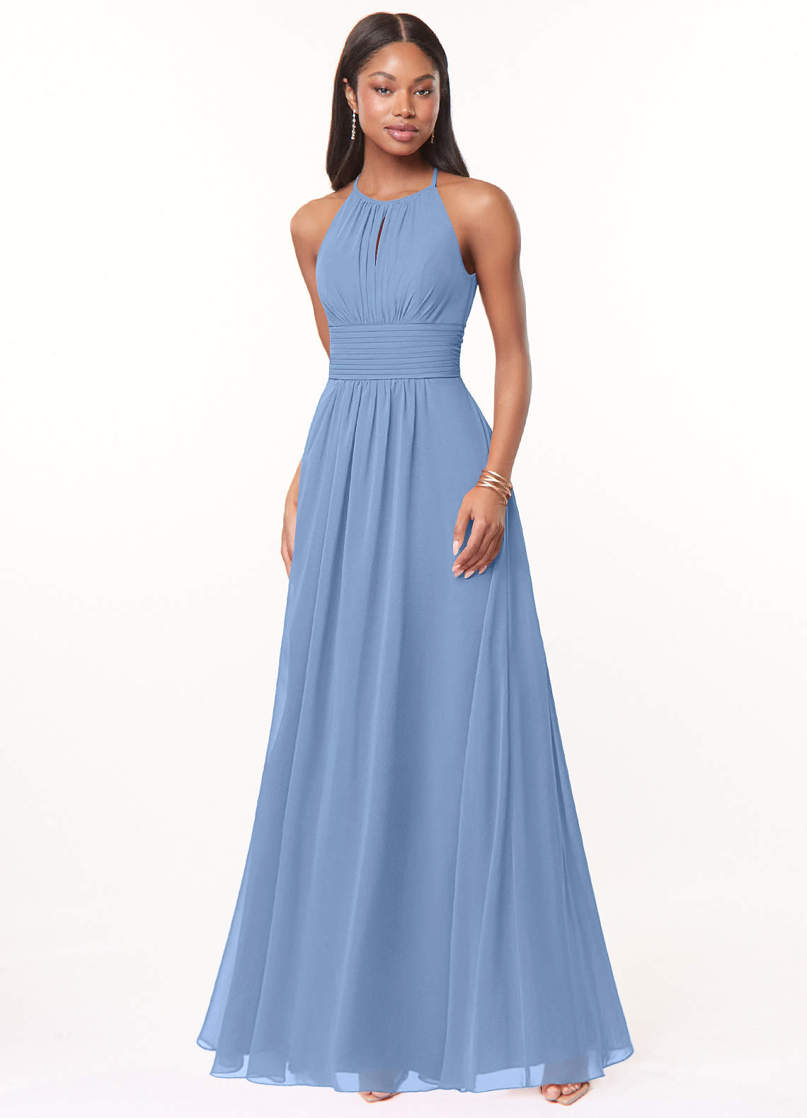 Azazie Bonnie Bridesmaid Dresses Steel Blue A-Line Keyhole Ruched Chiffon Dress image1