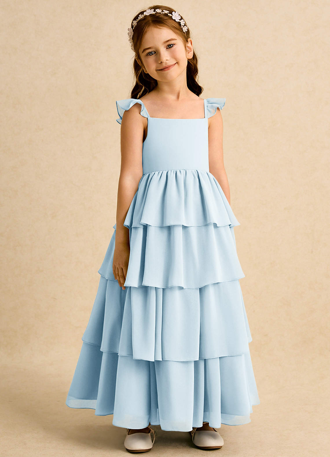 Azazie Boba Robe Demoiselle D'honneur Fillette Robe Trapèze en Mousseline de soie Col Carré Bleu Ciel image1