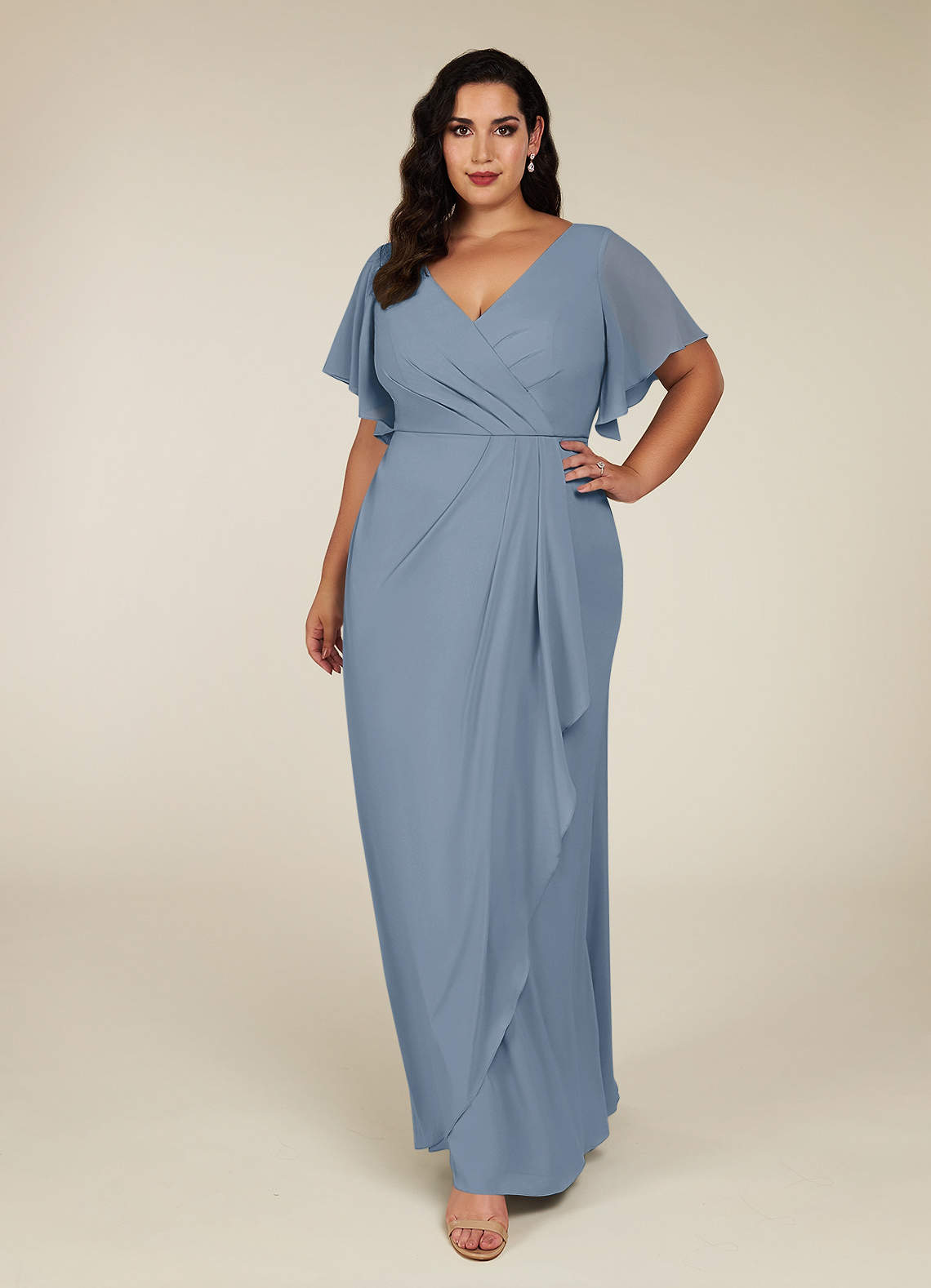 Azazie Song Dusty Blue Mermaid V Neck Pleated Stretch Chiffon Dress