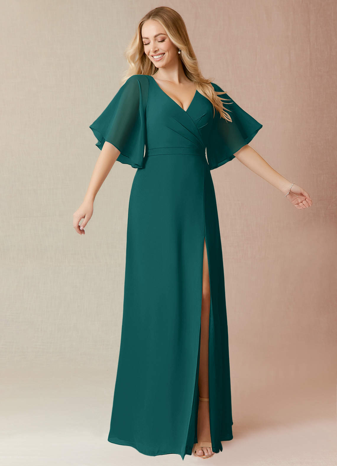peacock chiffon dress Azazie Cierra Size:42 (9 US) Short Sleeve Midi Dresses luxire:season:summer Wedding dresses while the chiffon material