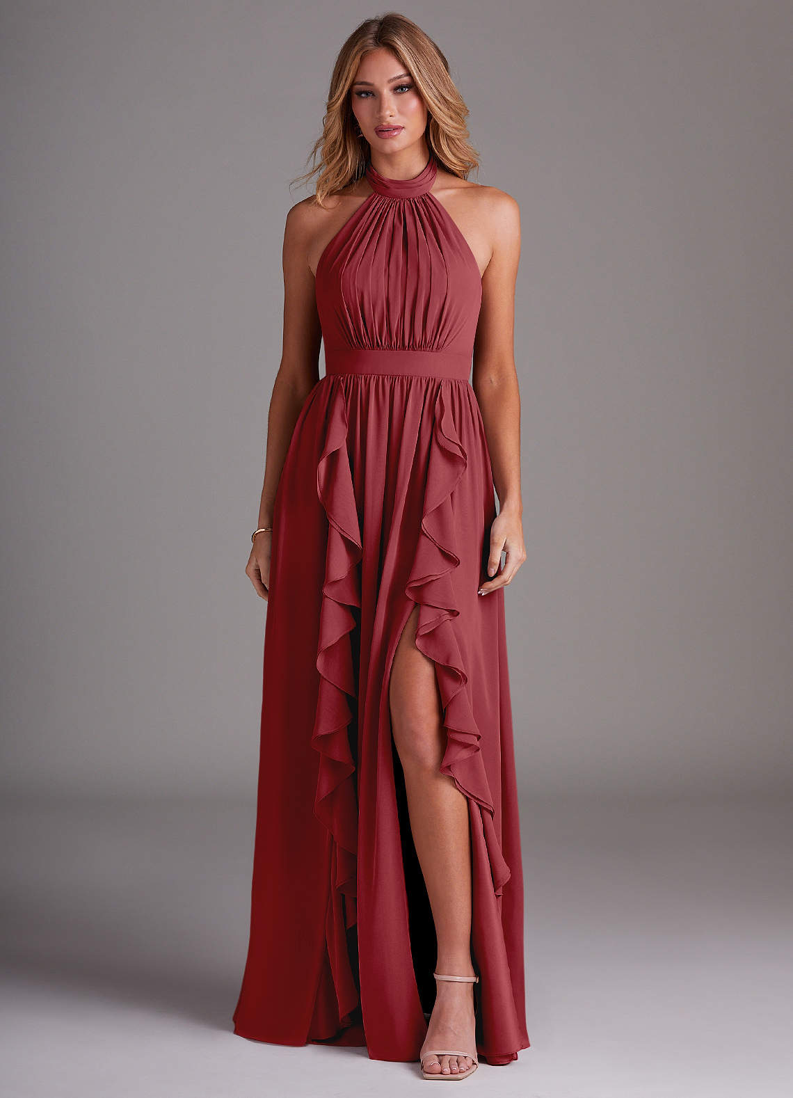 Azazie Avary Bridesmaid Dresses Pomegranate A-Line Pleated Chiffon Dress image1