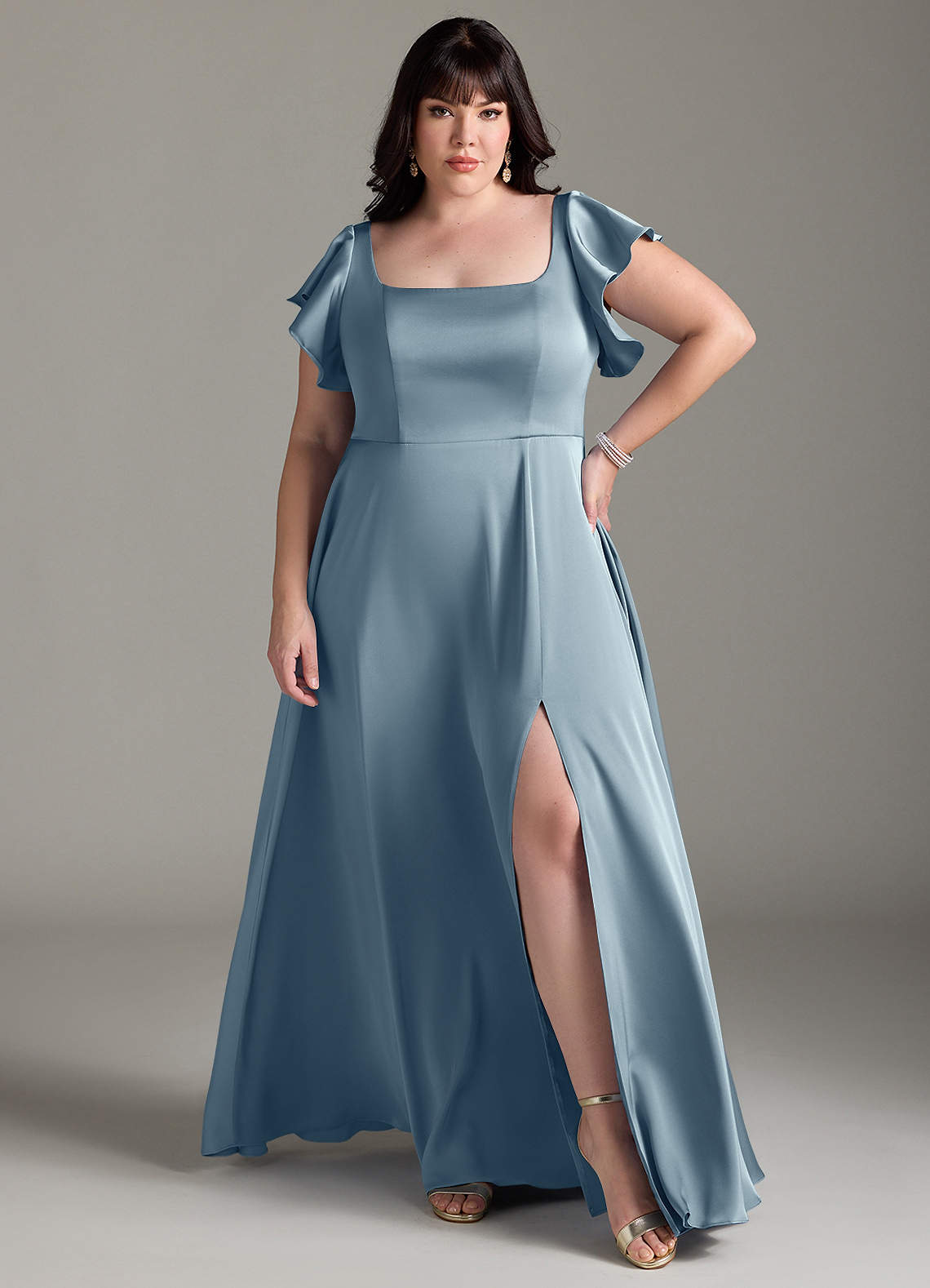 Azazie Bondi Bridesmaid Dresses Dusty Blue A-Line Bow Stretch Satin Dress image6