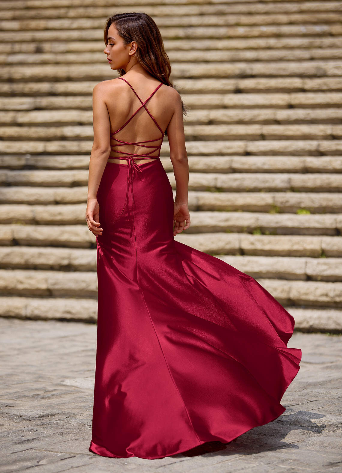 Luminous Wine Spaghetti Straps Stretch Satin Open Back Prom Dress image5
