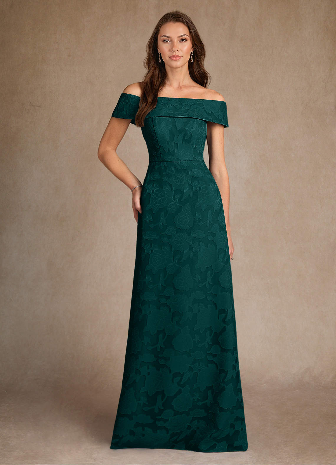 Azazie Medford Mother of the Bride Dresses Pine A-Line Off the Shoulder Floral Burnout Dress image1