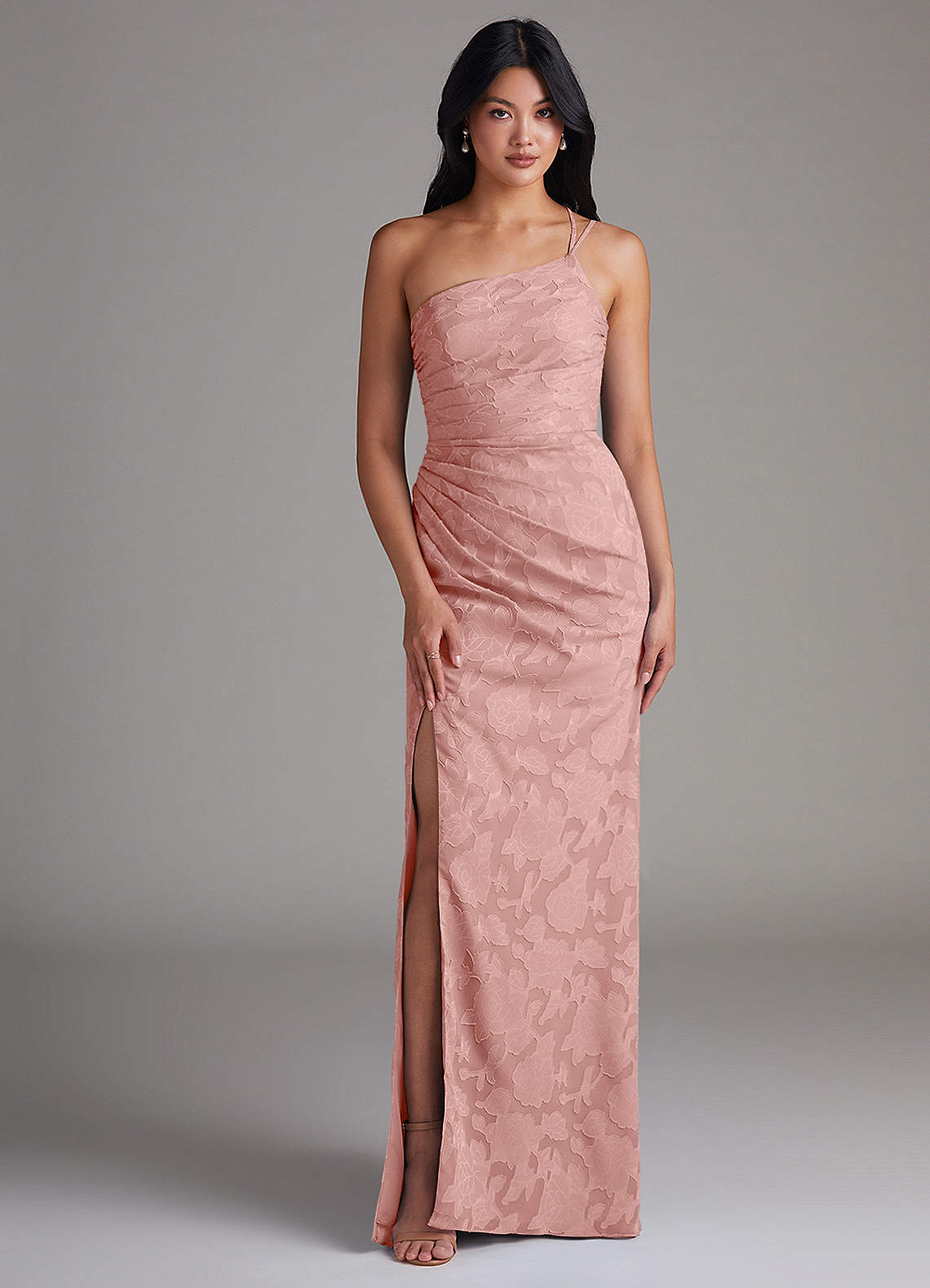 Azazie Eren Brautjungfernkleider Etui One-Shoulder Blumen-Burnout Kleid Rosettenrosa image1