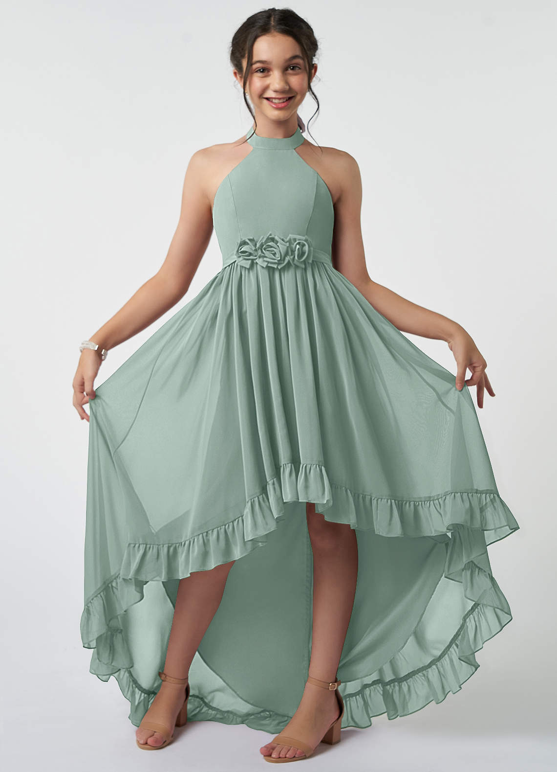 modern junior bridesmaid dresses Azazie A-Line/Princess Halter Neck Asymmetrical Chiffon a line white graduation Statement length Back Details Color:Navy Sky Blue Zebra