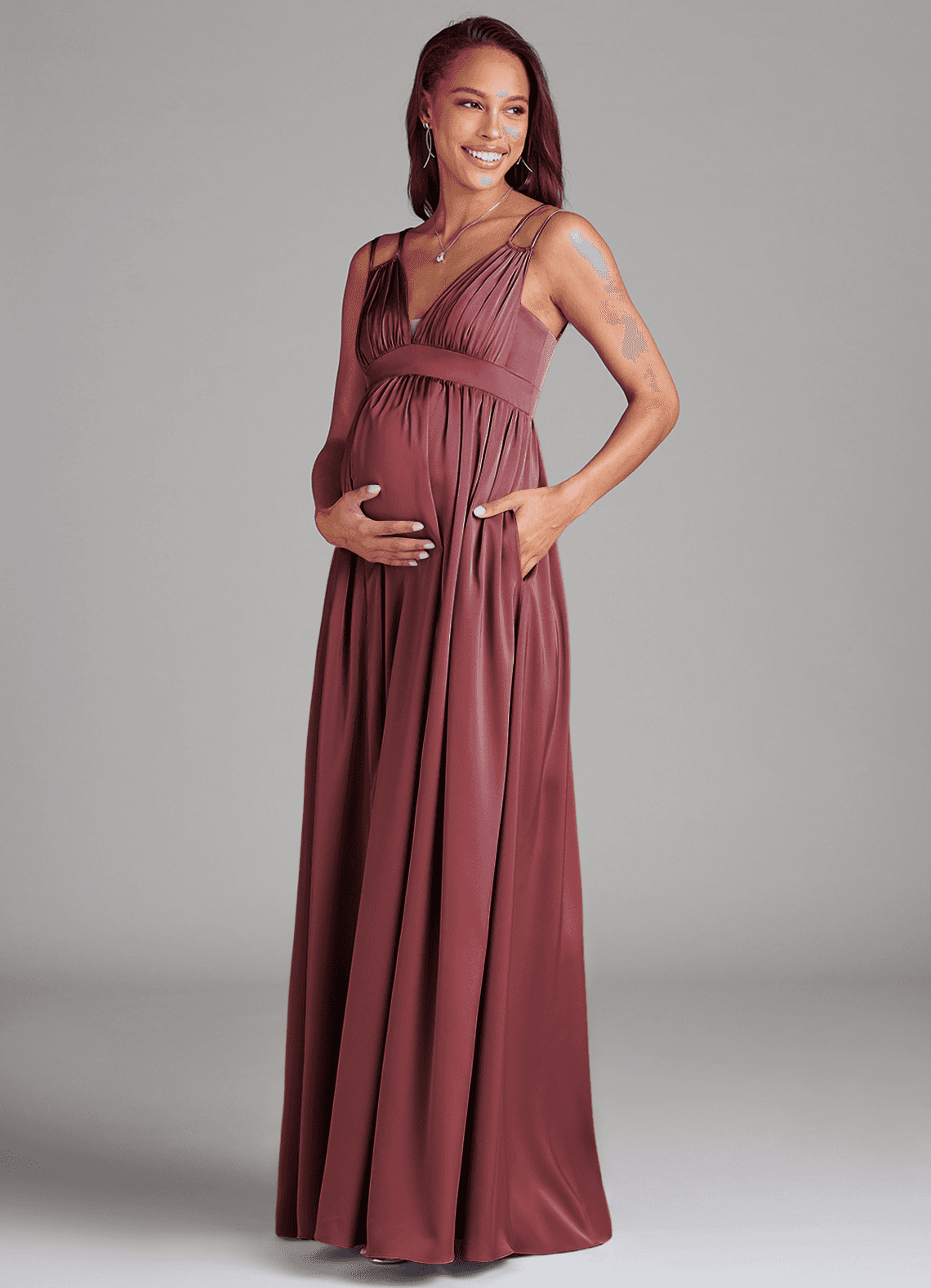 Azazie Emree At-home Try On Dresses A-Line Stretch Satin Floor-Length Dress with Pockets image2