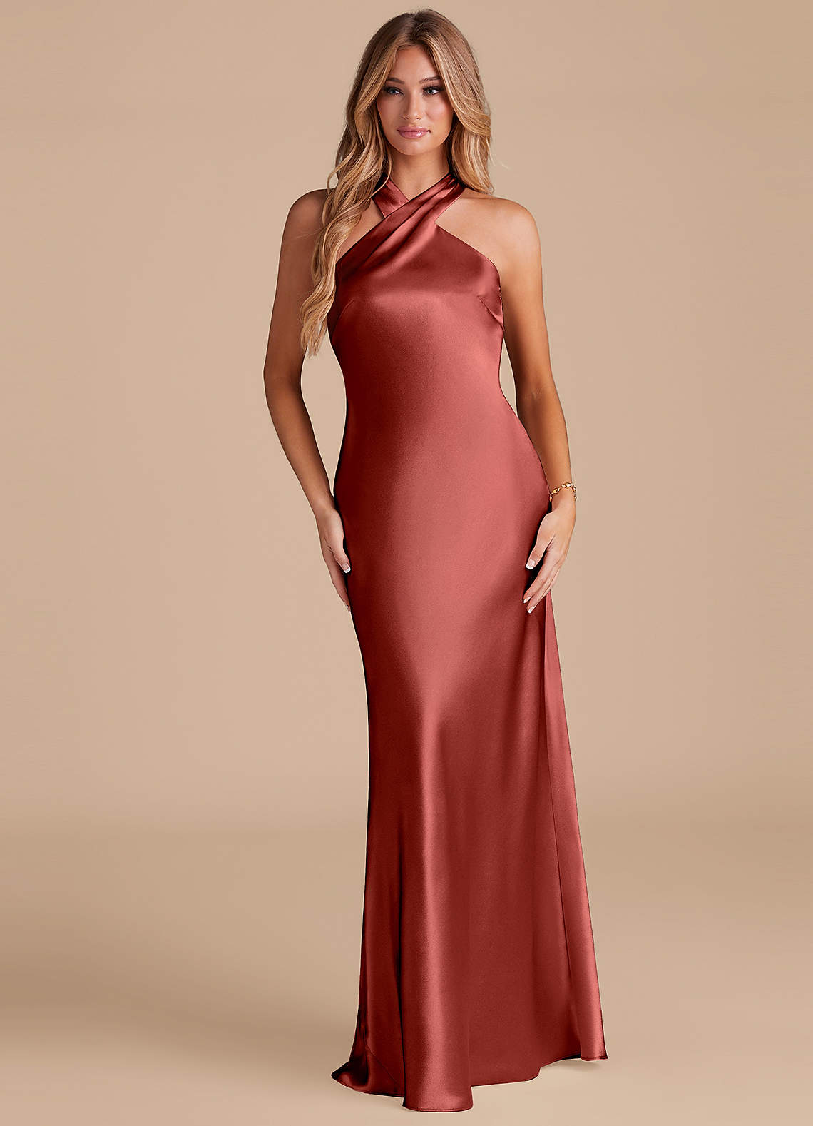 Azazie Doretta Bridesmaid Dresses Terracotta Mermaid Bow Metallic Satin Dress image1