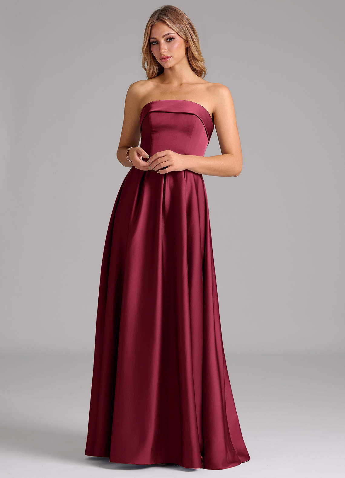 burgundy multiway dress Azazie A-Line Strapless Floor-Length Stretch Satin Bridesmaid Dresses Opt for a romantic Color:#9-Burgundy Bridal party Color: Orange Stylish Coastal Dressers for