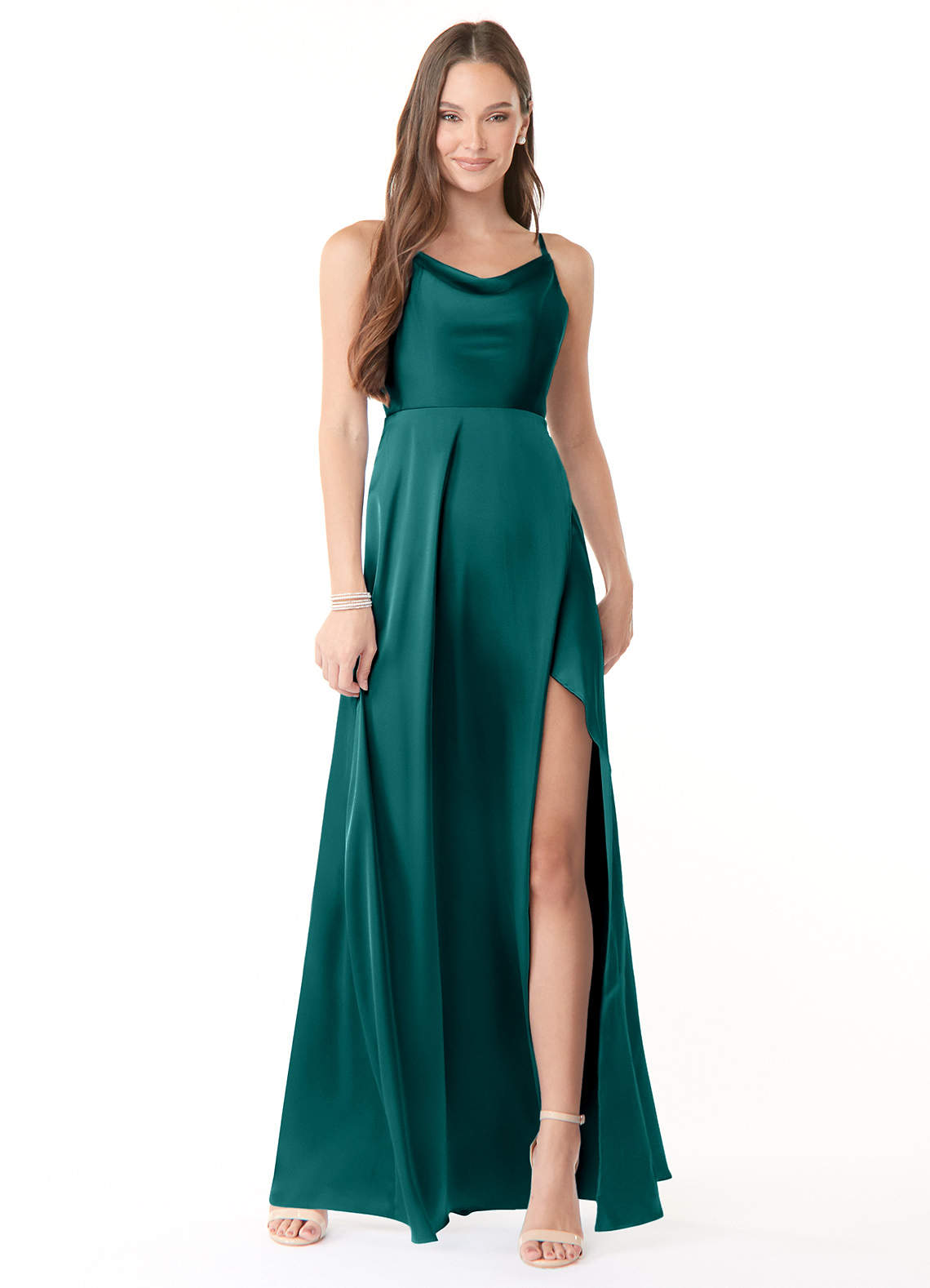 Azazie Naomie Brautjungfernkleider A-Linie Kutte Ausschnitt Seitenschlitz Stretch-Satin Kleid Pfau image1