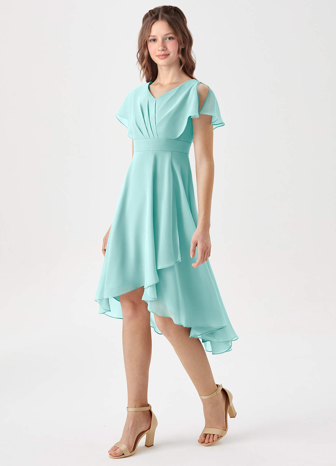 Azazie Graciela Junior Aqua A-Line Pleated Chiffon Dress image1