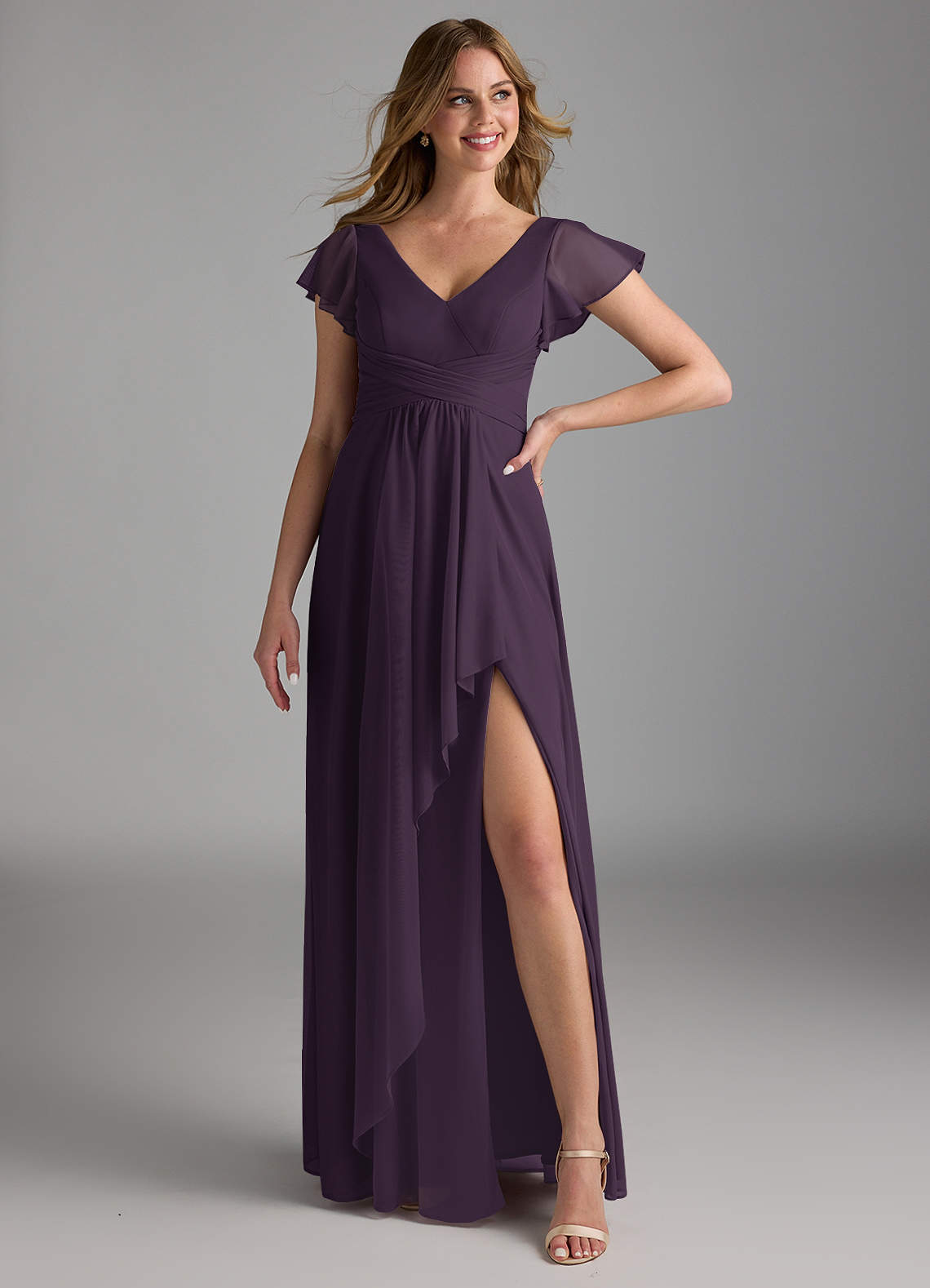Azazie Omari Bridesmaid Dresses Plum A-Line Mesh Dress image1