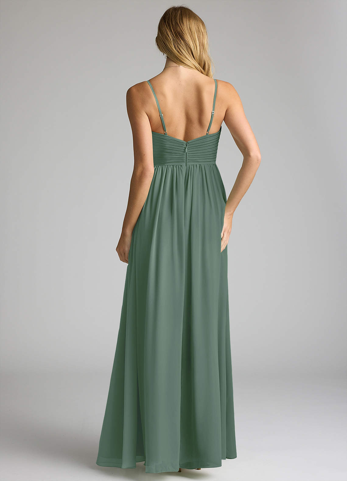 Azazie Alia Bridesmaid Dresses Eucalyptus A-Line Pleated Chiffon Dress image4