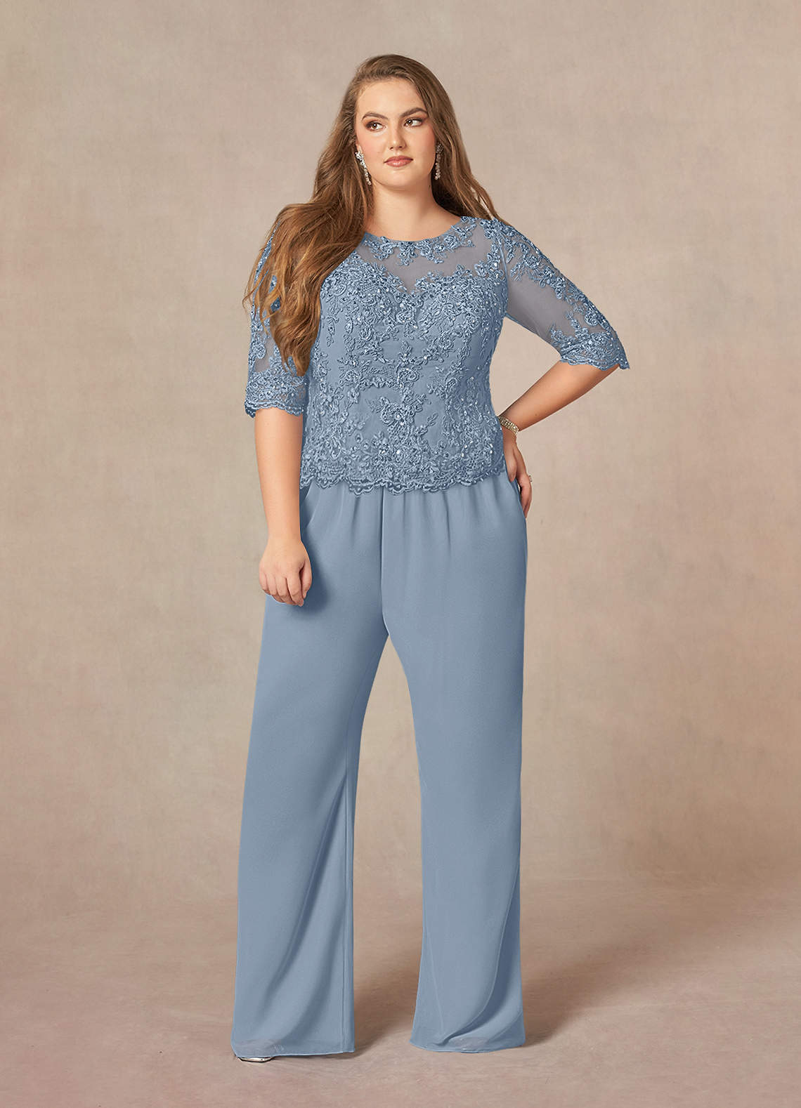 Azazie Florida Abiti per la Madre della Sposa Abito Tuta Pantaloni in Chiffon Lustrini Blu Polveroso image15