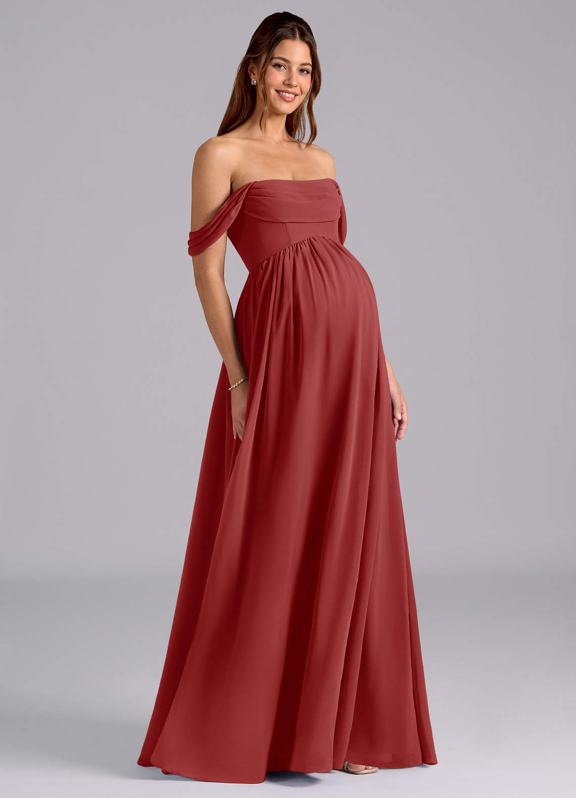 Azazie Saige Robes de demoiselle d'honneur de maternité Robe Trapèze Plissée Longueur ras du sol Mousseline de soie image1