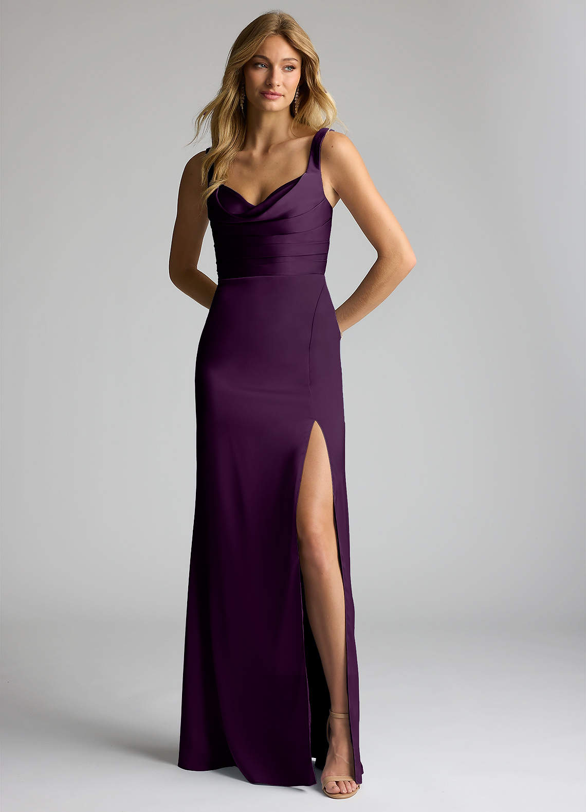 Azazie Elida Bridesmaid Dresses Grape Sheath Pleated Stretch Satin Dress image1