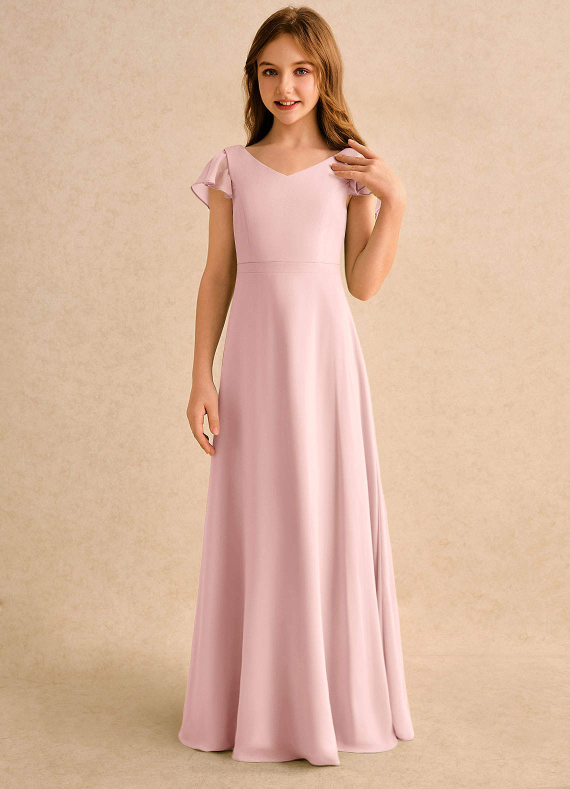 Azazie Nari Girls Formal Flower Girl Dresses Powder Pink A-Line with Sleeves Chiffon Dress image4