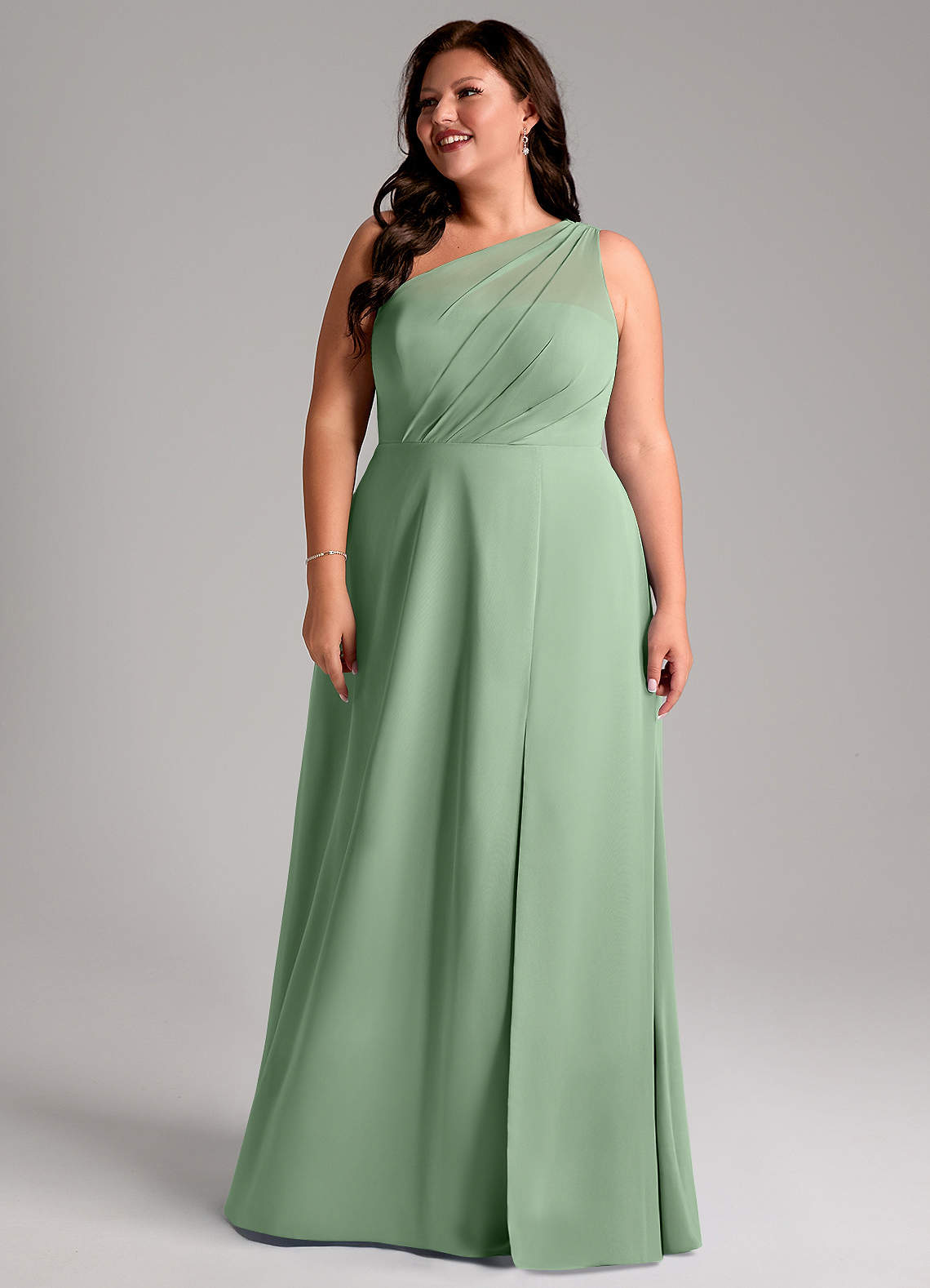 Azazie Phaedra Jurken voor bruidsmeisjes Jurk van Chiffon met A-lijn One-shoulder Matcha image1