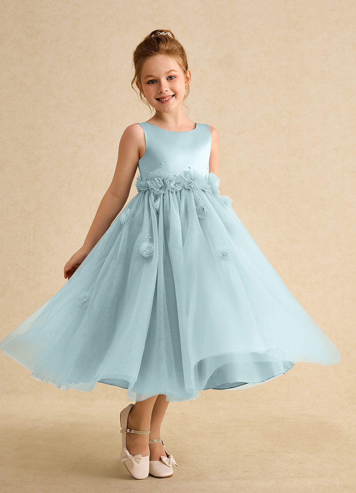 Azazie Lux Robe Demoiselle D'honneur Fillette Robe Trapèze en Tulle Perlé Brume image1